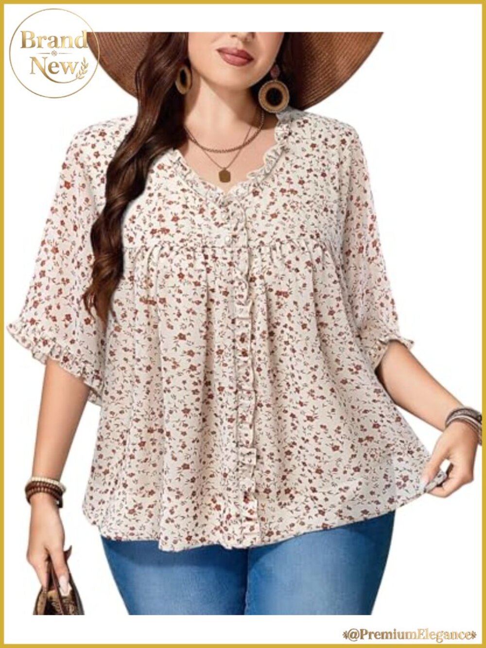 Plus Size Chiffon Blouse 3/4 Ruffle Sleeve V-Neck Flowy Tunic Top